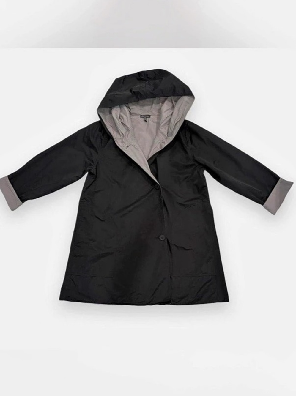 Eileen Fisher Organic Cotton Nylon Reversible Hooded Raincoat Black & Gray Large